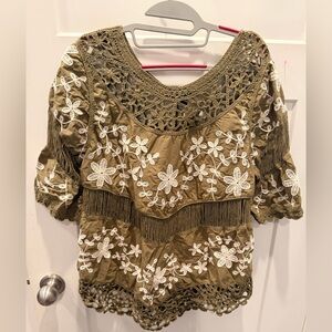 Rain Olive Green Boho Embroidered Top | Crochet Fringe Blouse Size L